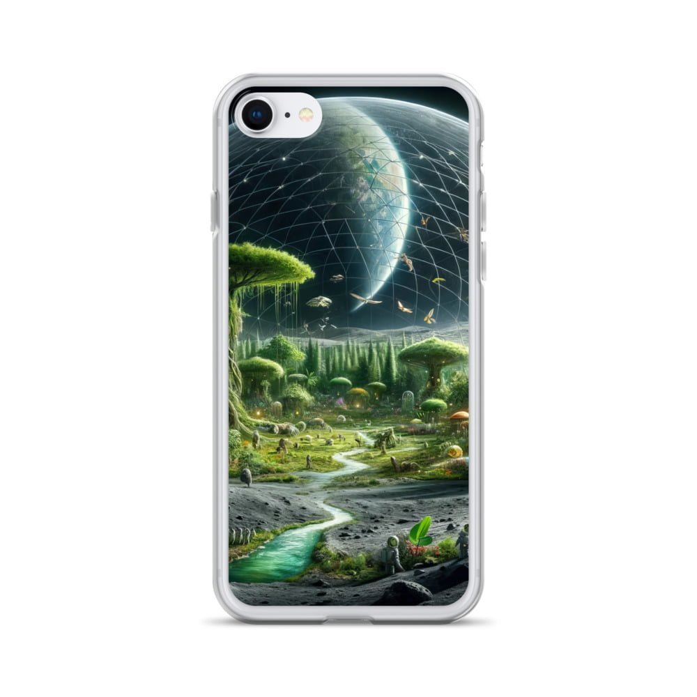 An iPhone® case with an image of an alien planet captured on a Moon Clear Case, bringing to life the extraterrestrial beauty.