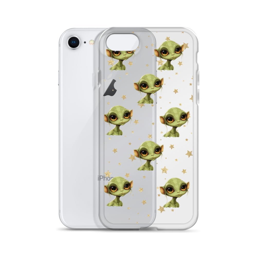 A clear iPhone case with green aliens from deep space on it.