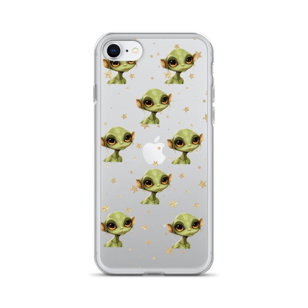 A clear iPhone case featuring deep space aliens.