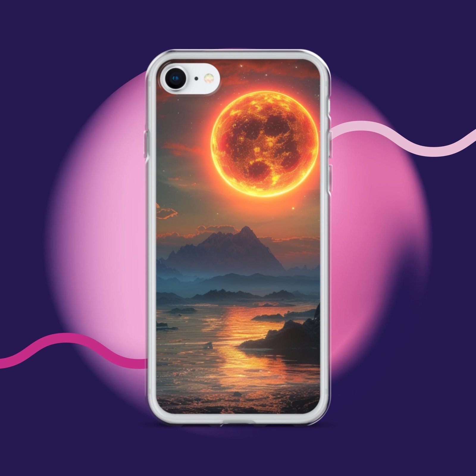A clear iPhone case with an image of the moon and mountains.