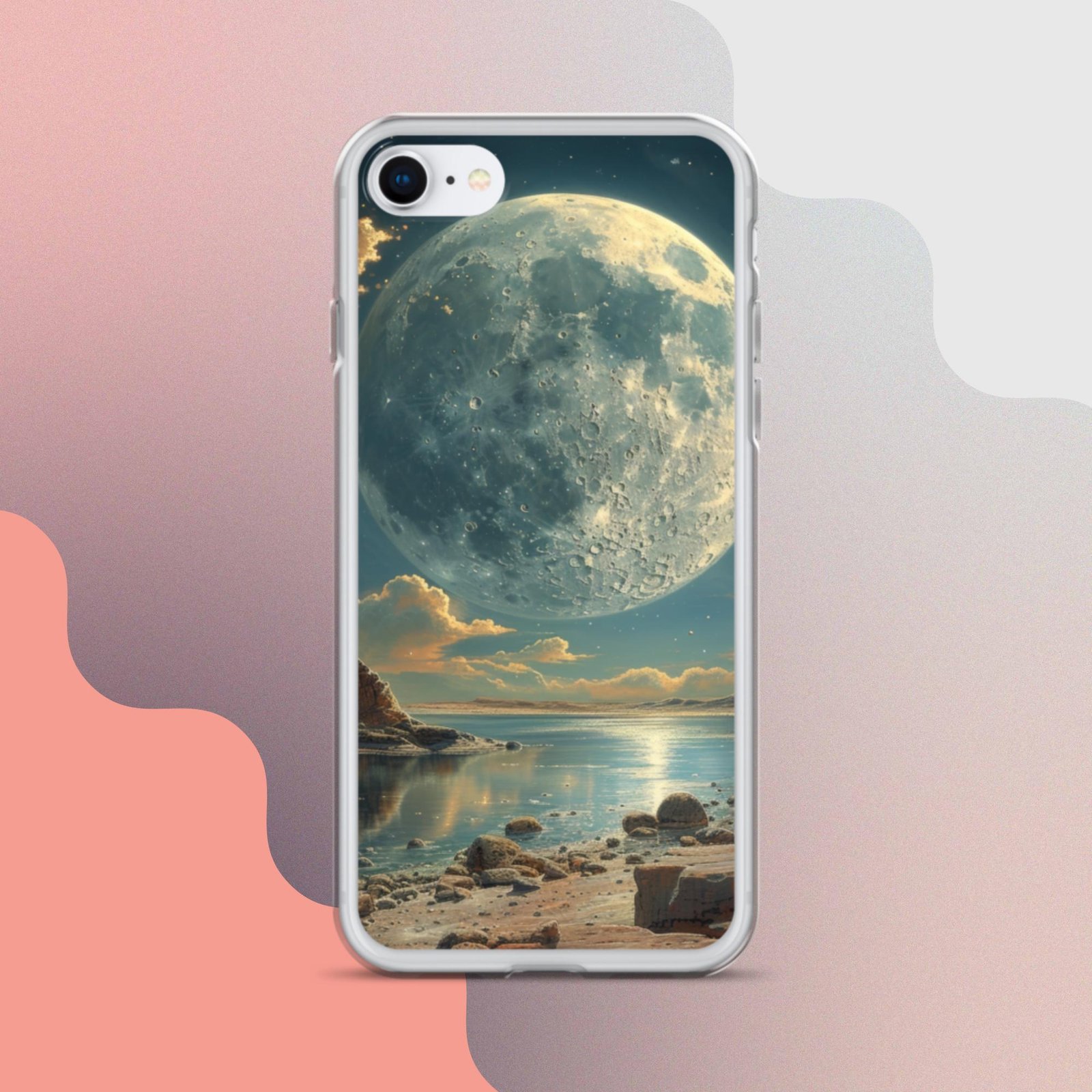 Enhance your iPhone with a stunning clear case featuring a mesmerizing image of the moon reflected on tranquil water.