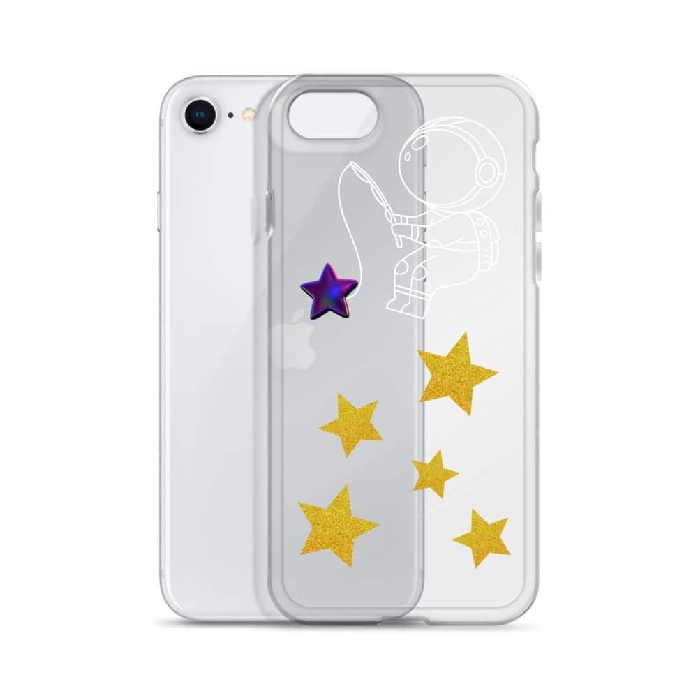 A Starry Night-themed iPhone case featuring an astronaut amidst a backdrop of stars.