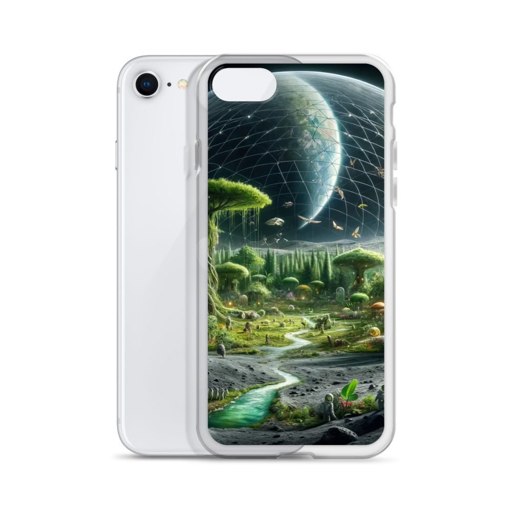 An iphone case with a clear case showcasing an image of an alien landscape on the moon.