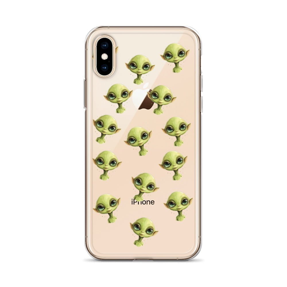 An alien-themed clear iPhone case with green extraterrestrial creatures printed on it.
