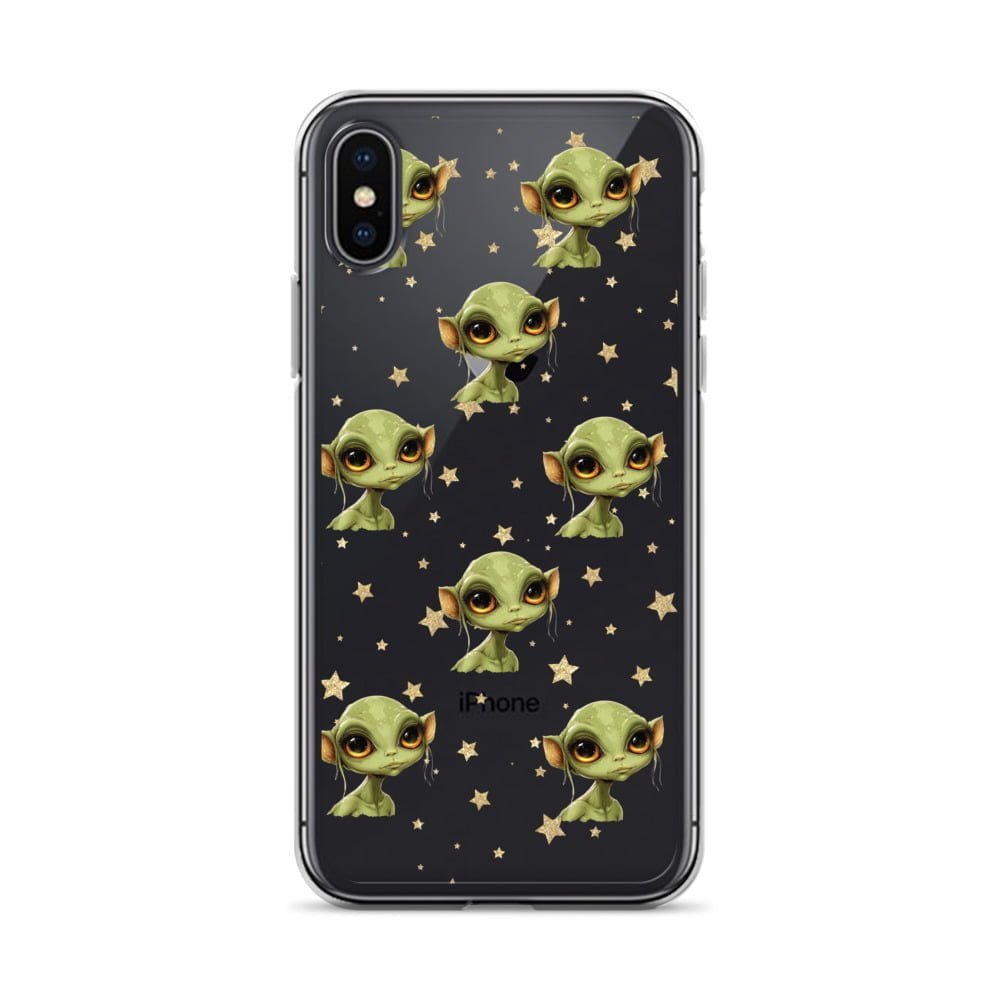 A clear phone case with an alien cartoon character in deep space.