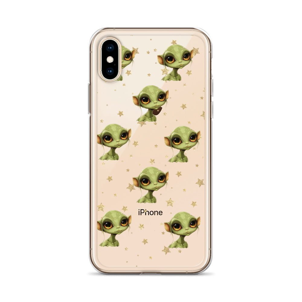 An iPhone clear case adorned with green aliens inspired by deep space.