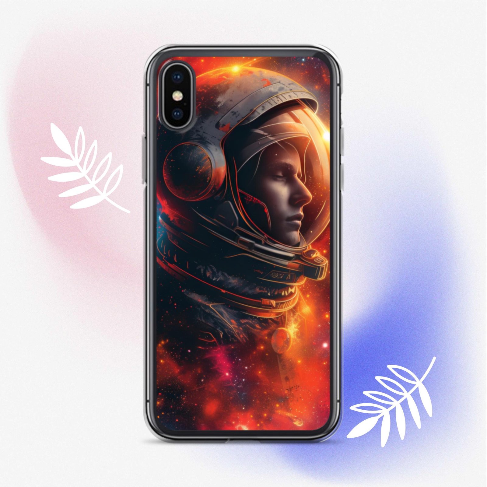 A clear phone case featuring an image of an astronaut exploring the universe in space.