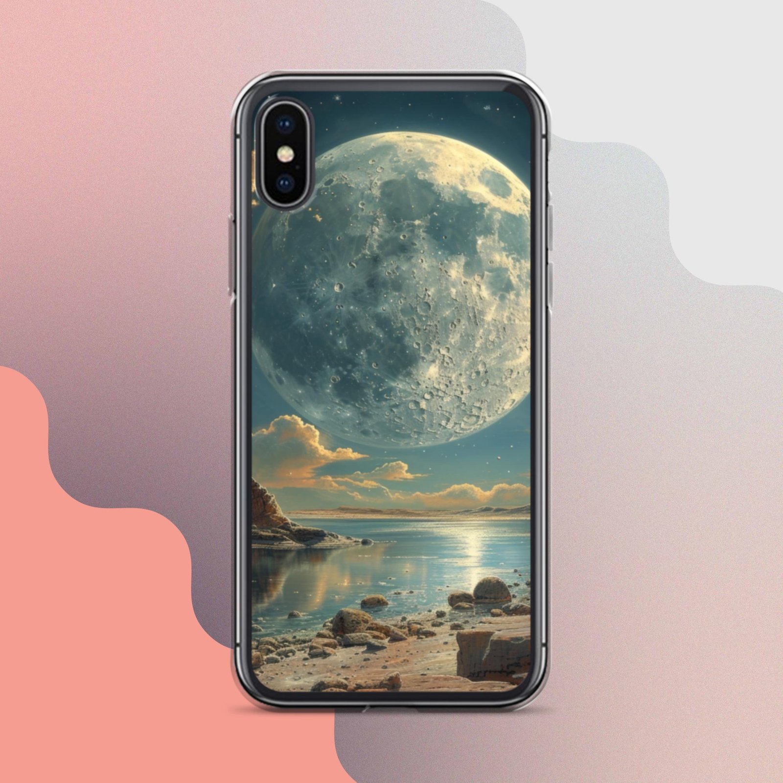 A clear iPhone case with a moon design featuring rocks.