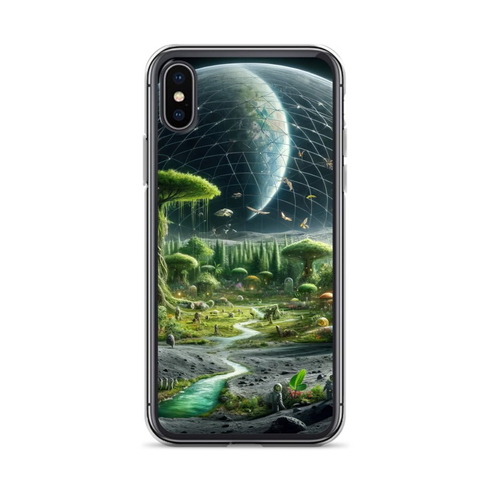 A clear iPhone case featuring an image of a surreal alien landscape.