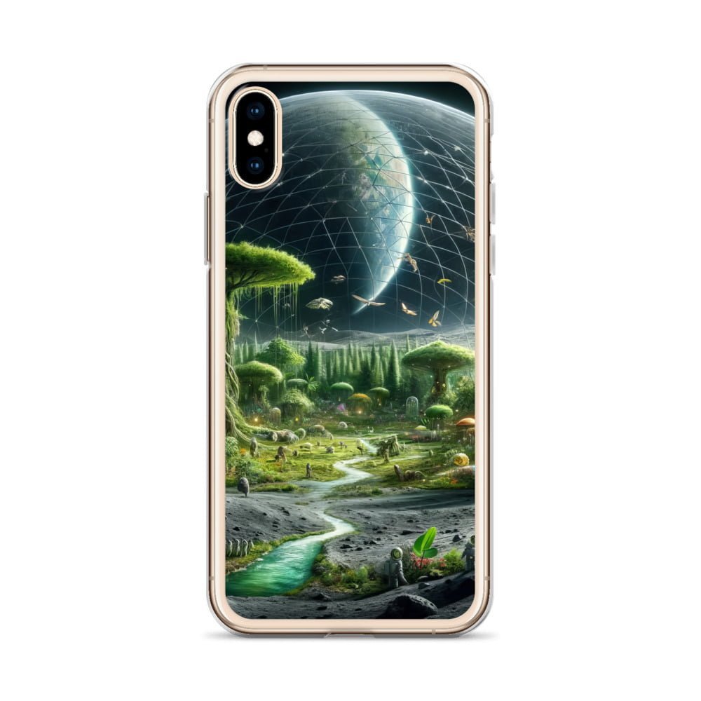A clear iPhone case featuring an image of an alien landscape on the moon.