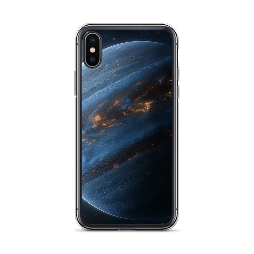 A clear iPhone case featuring an image of the planet Jupiter.