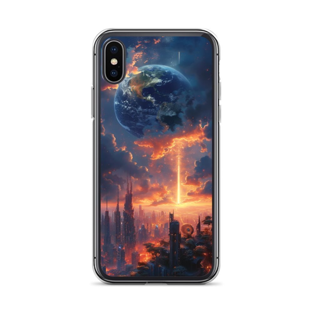 A Clear iPhone Case featuring an image of Earth in the sky.