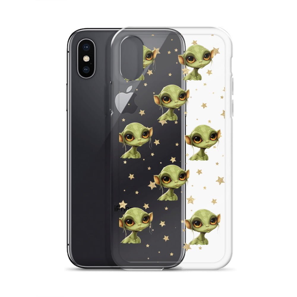 A group of cell phones with clear cases.