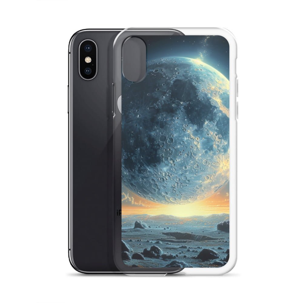 A clear iPhone case featuring an image of the moon.