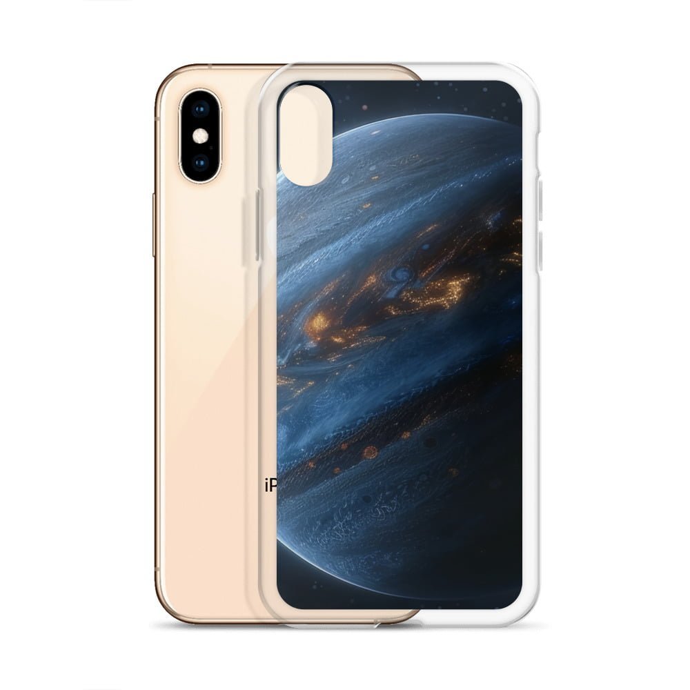 A clear iPhone case featuring an image of the planet Jupiter.