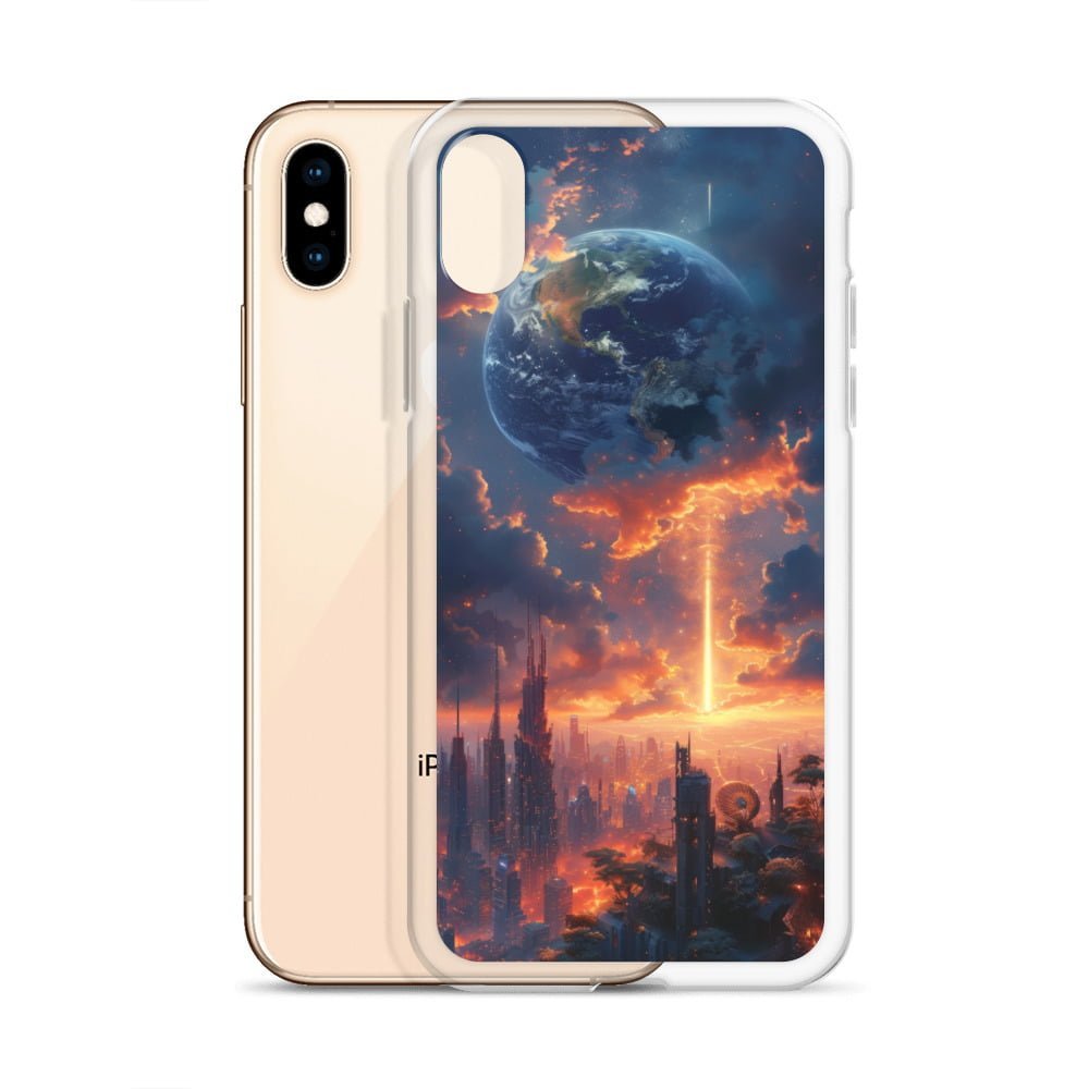 A clear iPhone case featuring an image of the Earth in the sky.