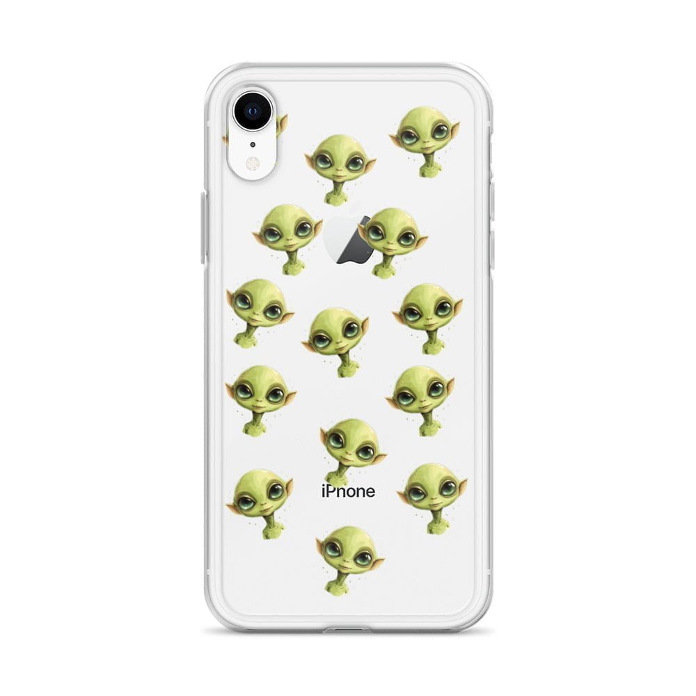 A clear phone case featuring a cartoon character with an alien face.