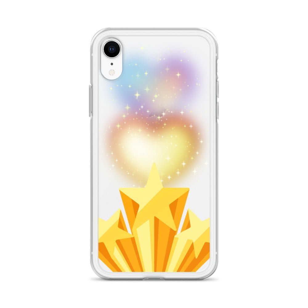 A clear iPhone case adorned with a vibrant image of a star and a heart, creating a delightful combination of love and space.