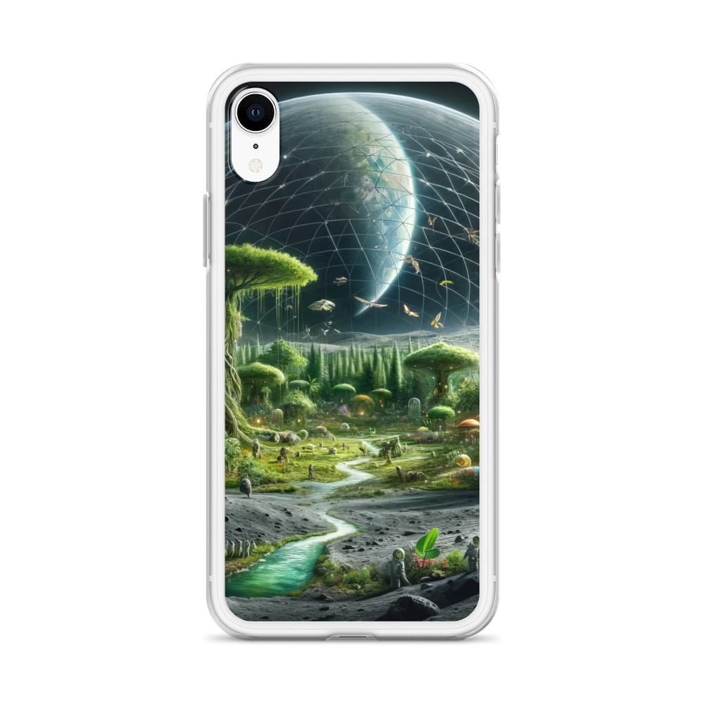 A clear iphone case featuring an image of a planet teeming with life.