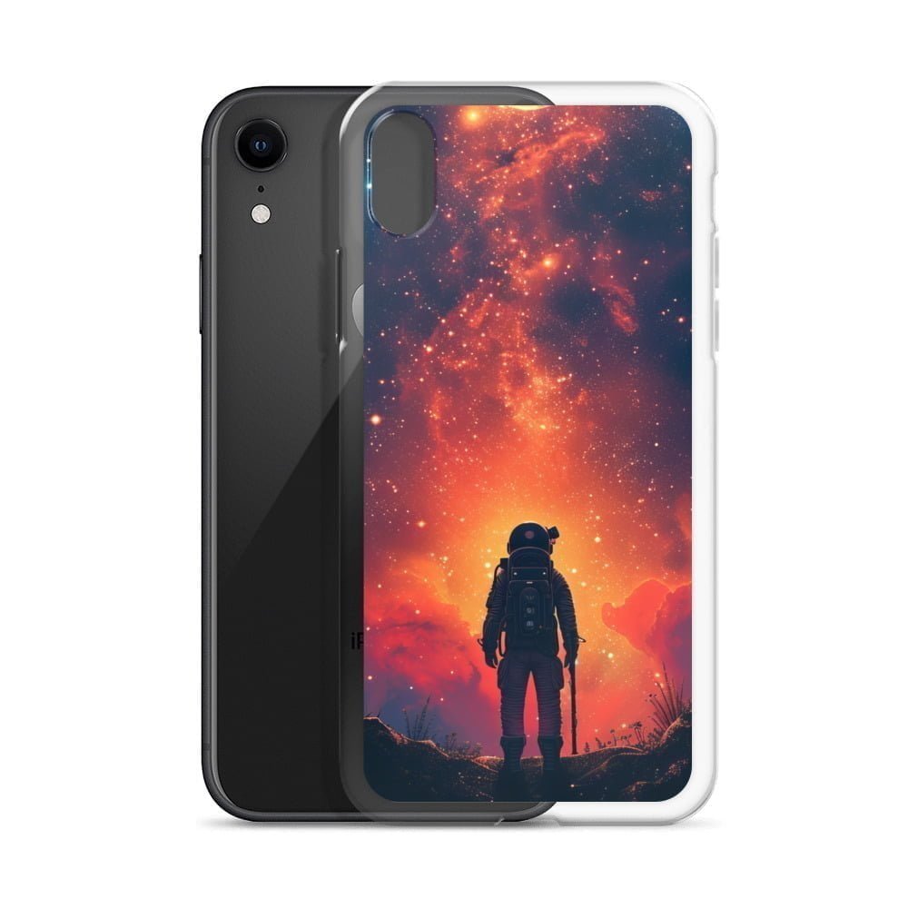 A Clear iPhone case featuring an image of a man standing in front of a starry sky.