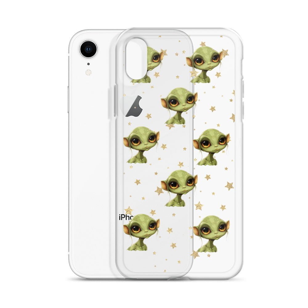 A clear case featuring a green alien face, perfect for iPhone users looking to rock a deep space vibe.