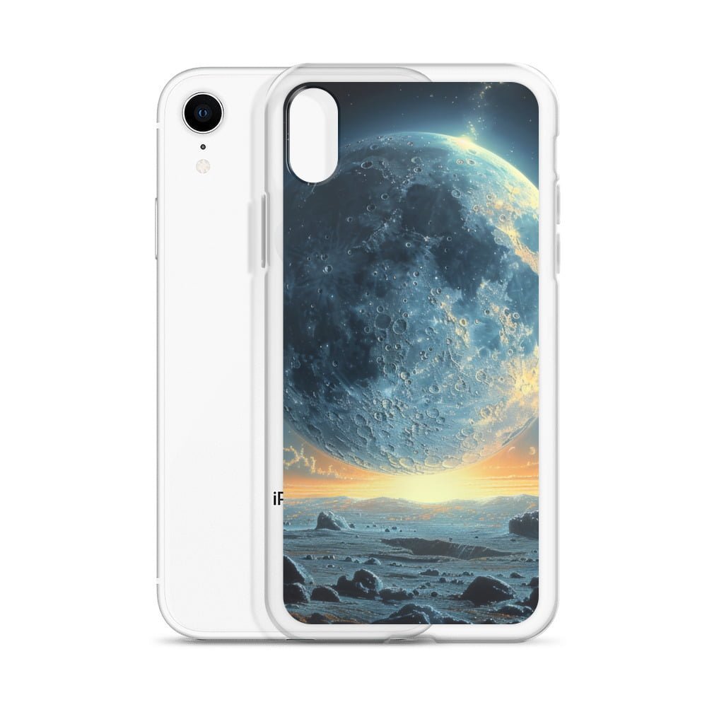 A Clear iPhone Case with an image of the Moon and rocks, bringing you Closer to the Moon.