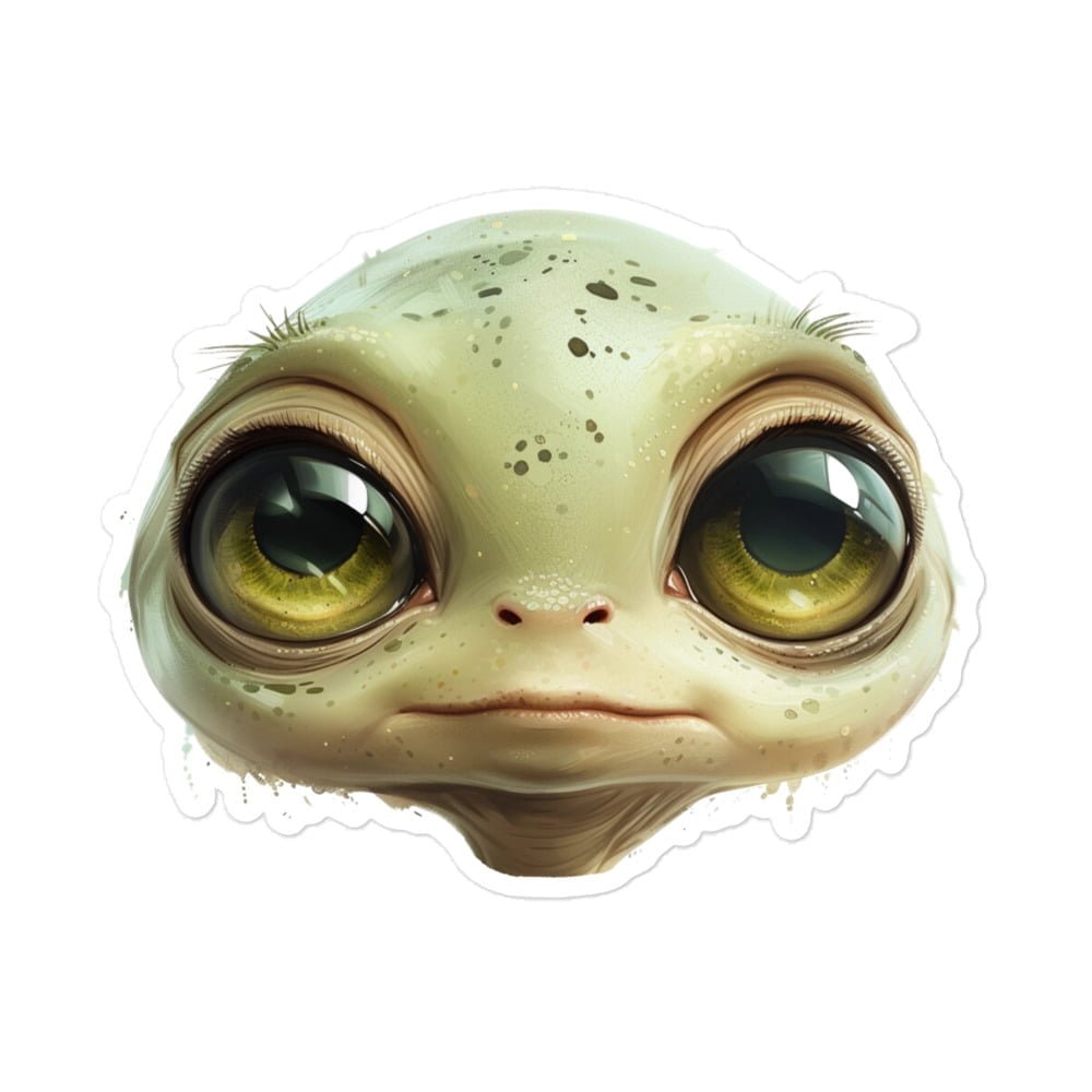 A bubble-free sticker of a Green Friend lizard with big eyes.