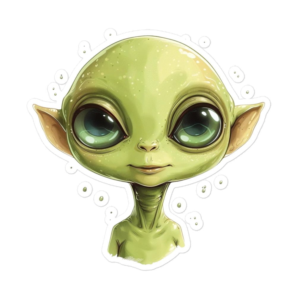 A bubble-free sticker of a green alien with big eyes.