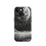 This tough iPhone 11 Pro case features a cosmic reflection of the moon and mountains in black and white.