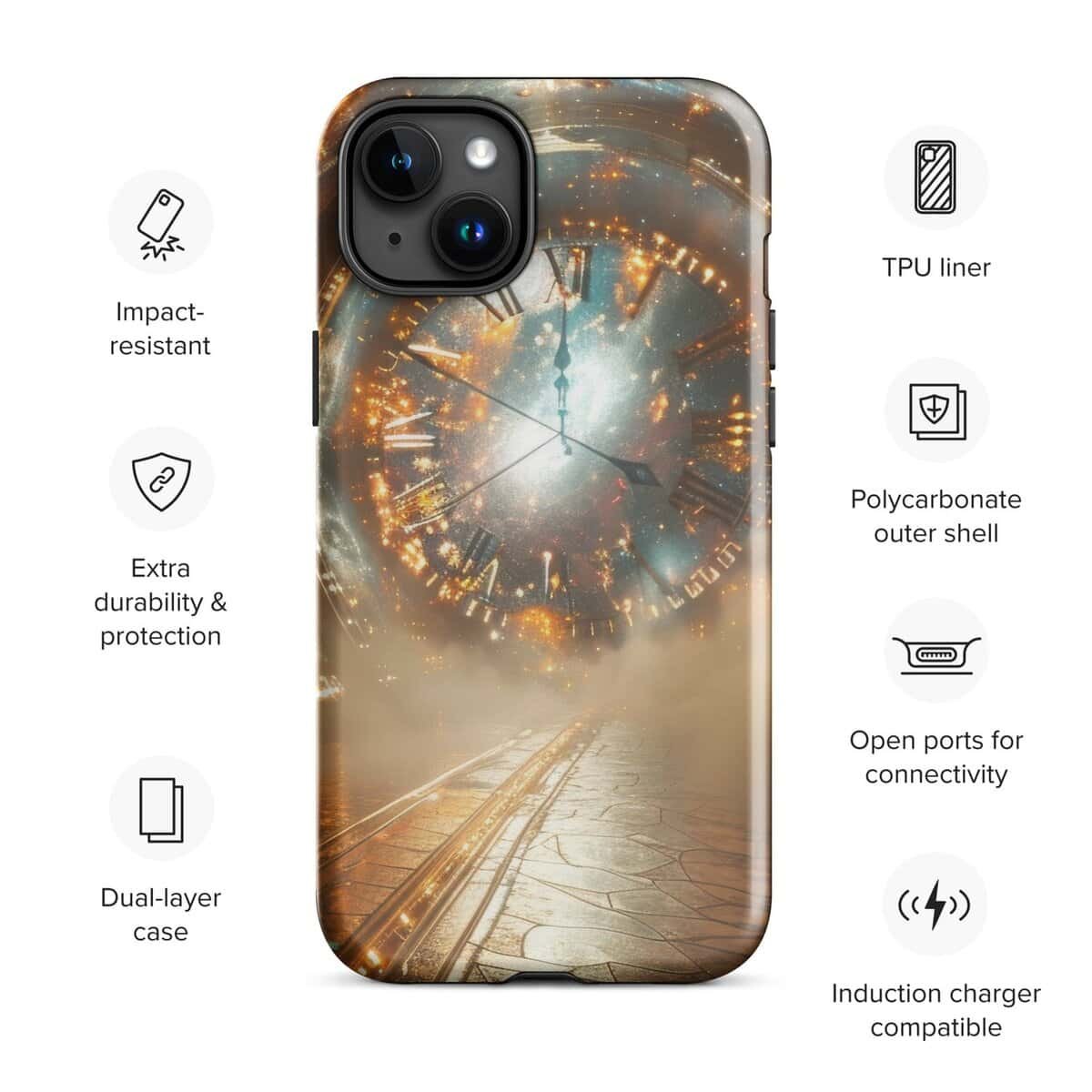 A Tough iPhone 11 case with an image of a clock for added protection.
