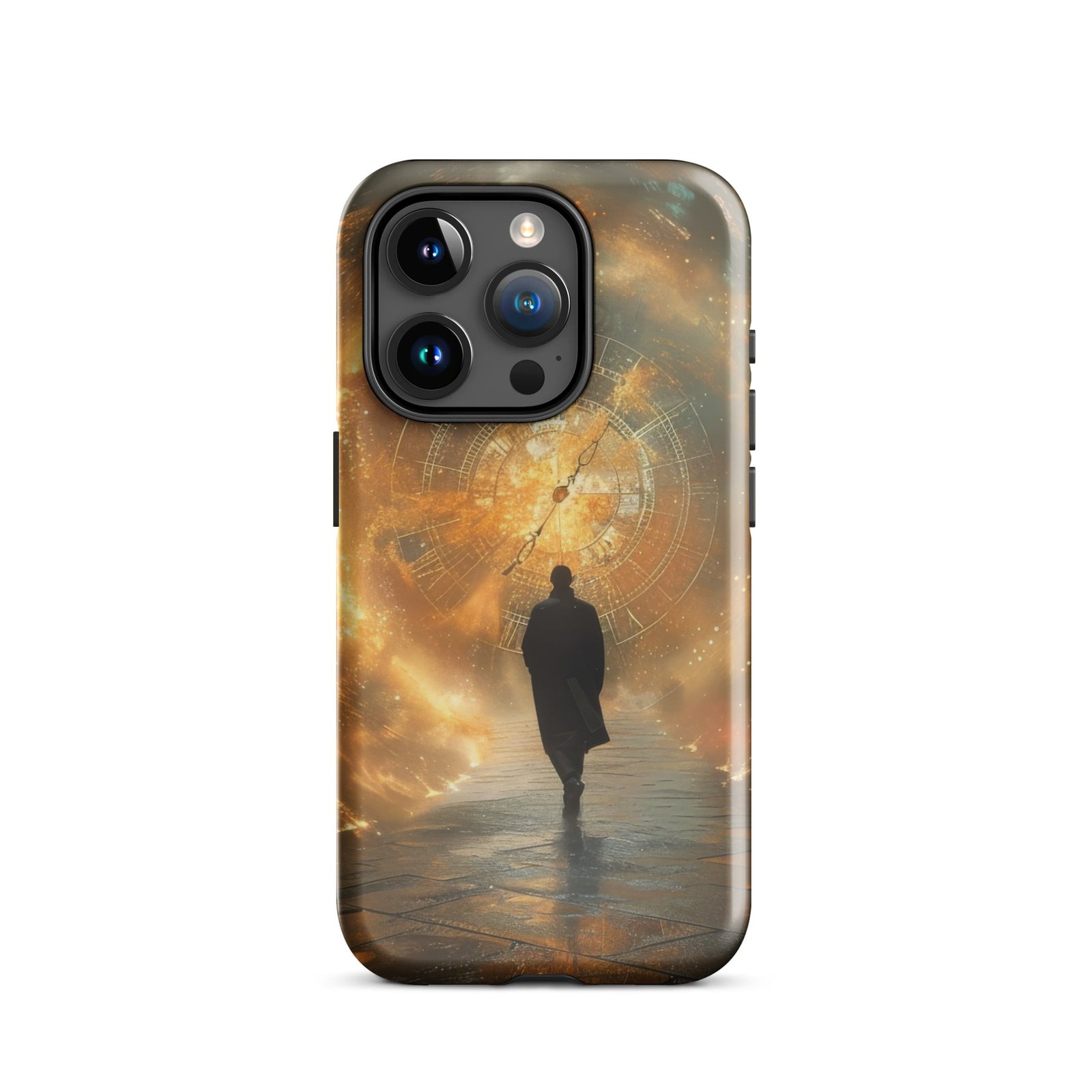 An iPhone tough case featuring a silhouette of a man walking through the desert.