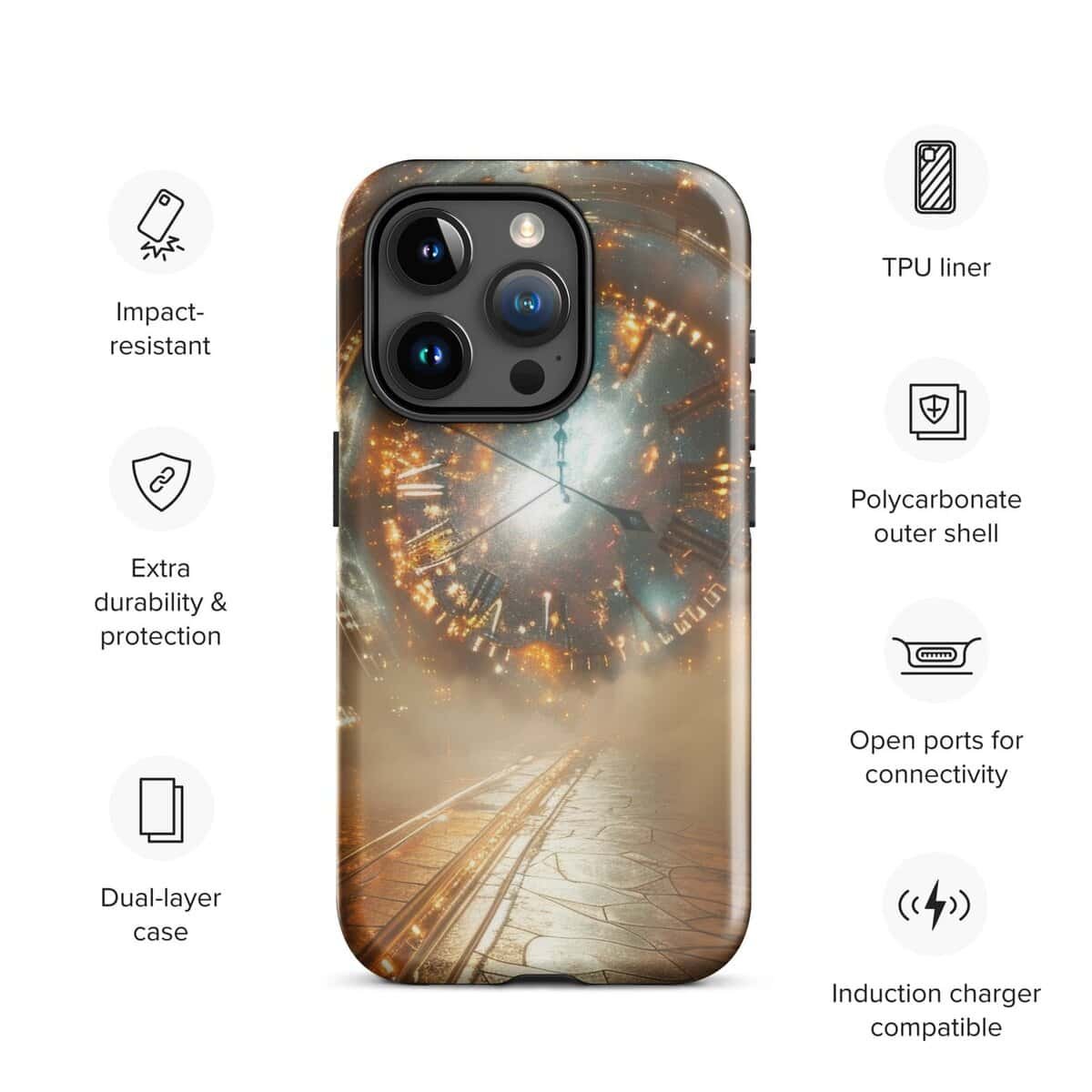 This iPhone 11 case features a dual-layered protection with an interstellar flair and an image of a clock.
