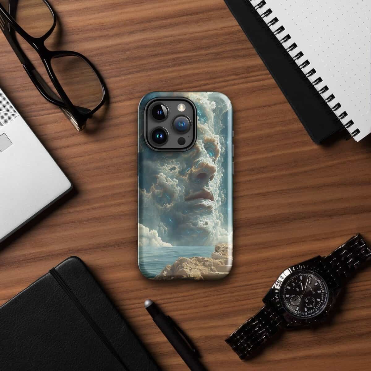 A tough case with a picture of a cloud for iPhone users.