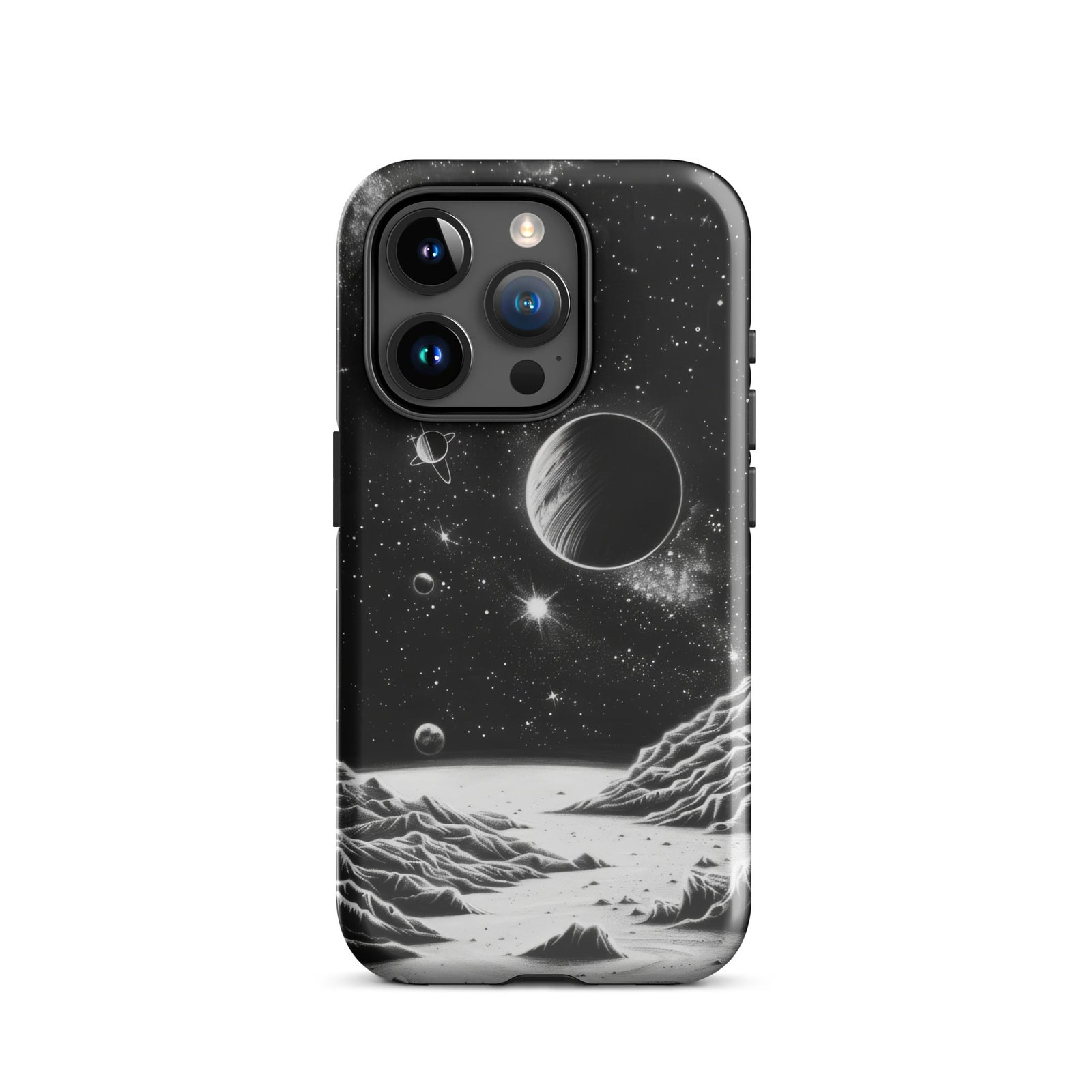 A black and white image of the moon and planets on an iPhone case from Cosmos Odyssey.