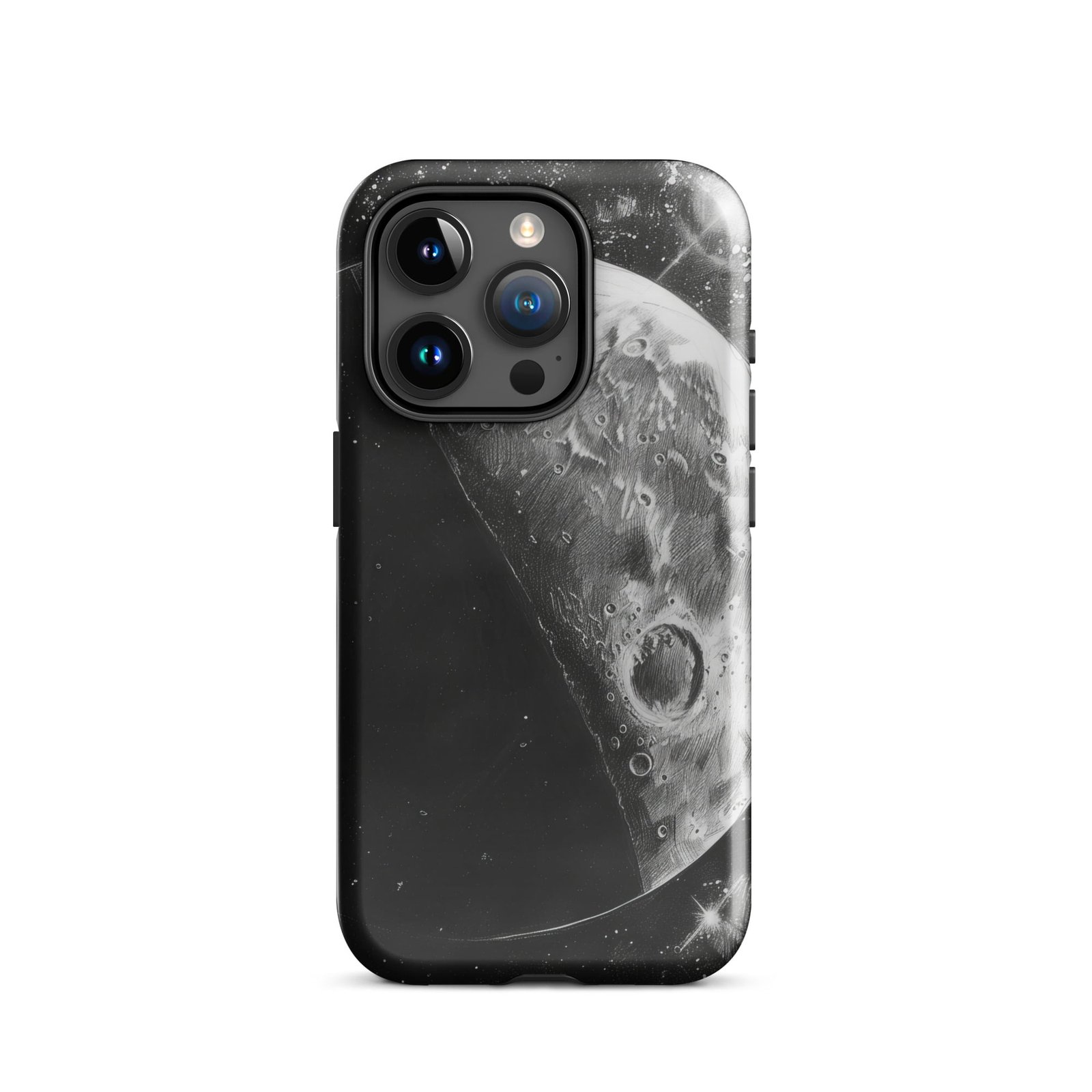 A black and white image of the moon on an iPhone case.