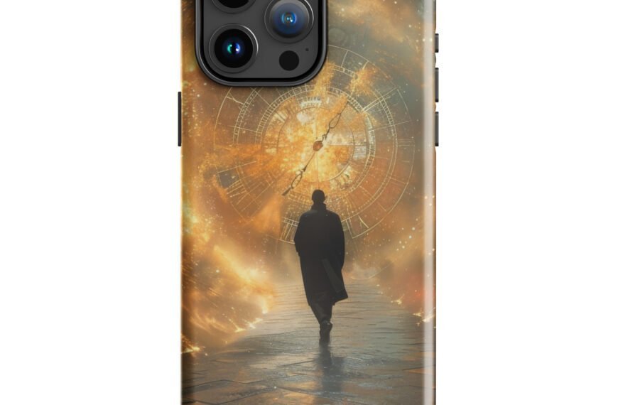 A tough iPhone case featuring a time traveler.