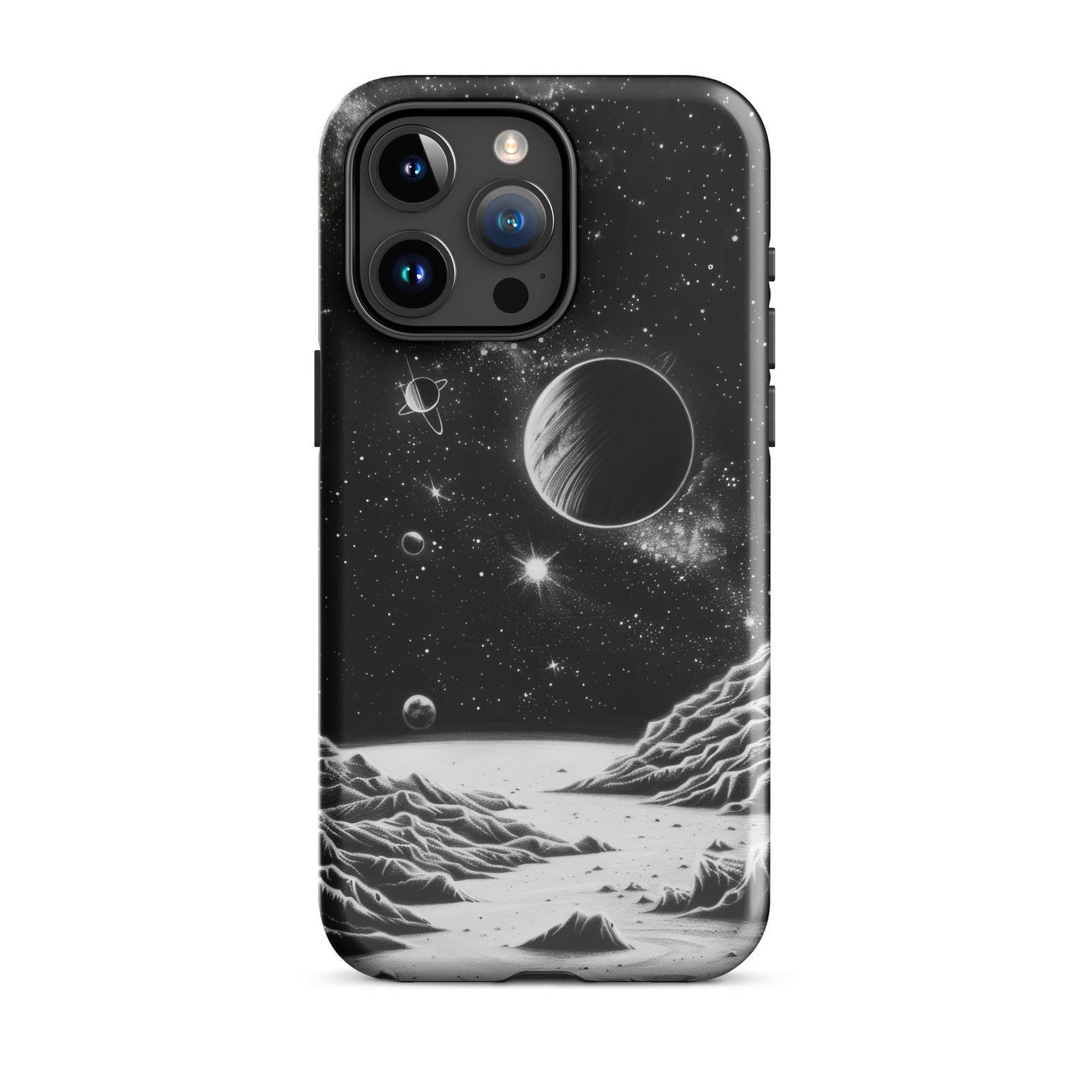 An iPhone case featuring a black and white image of the moon and planets.