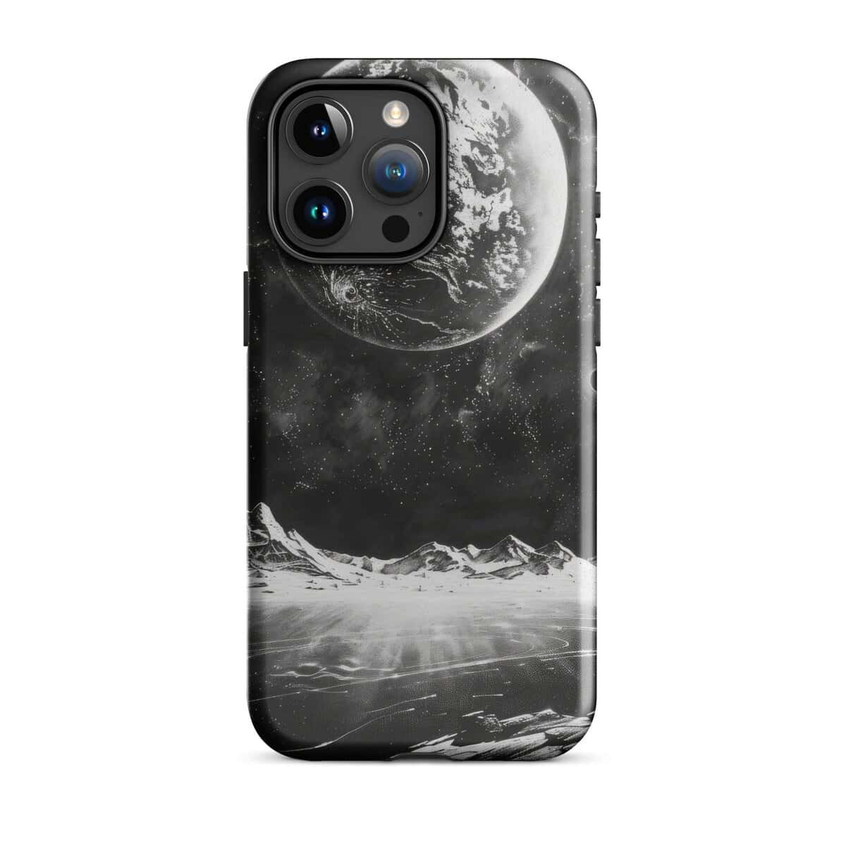 A black and white image of the moon and stars on a Tough Case for an iPhone.