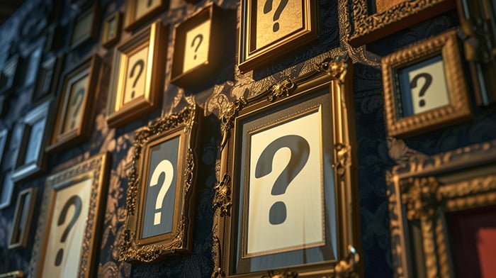 Framed question marks, symbolizing the biggest mystery, on a wall.