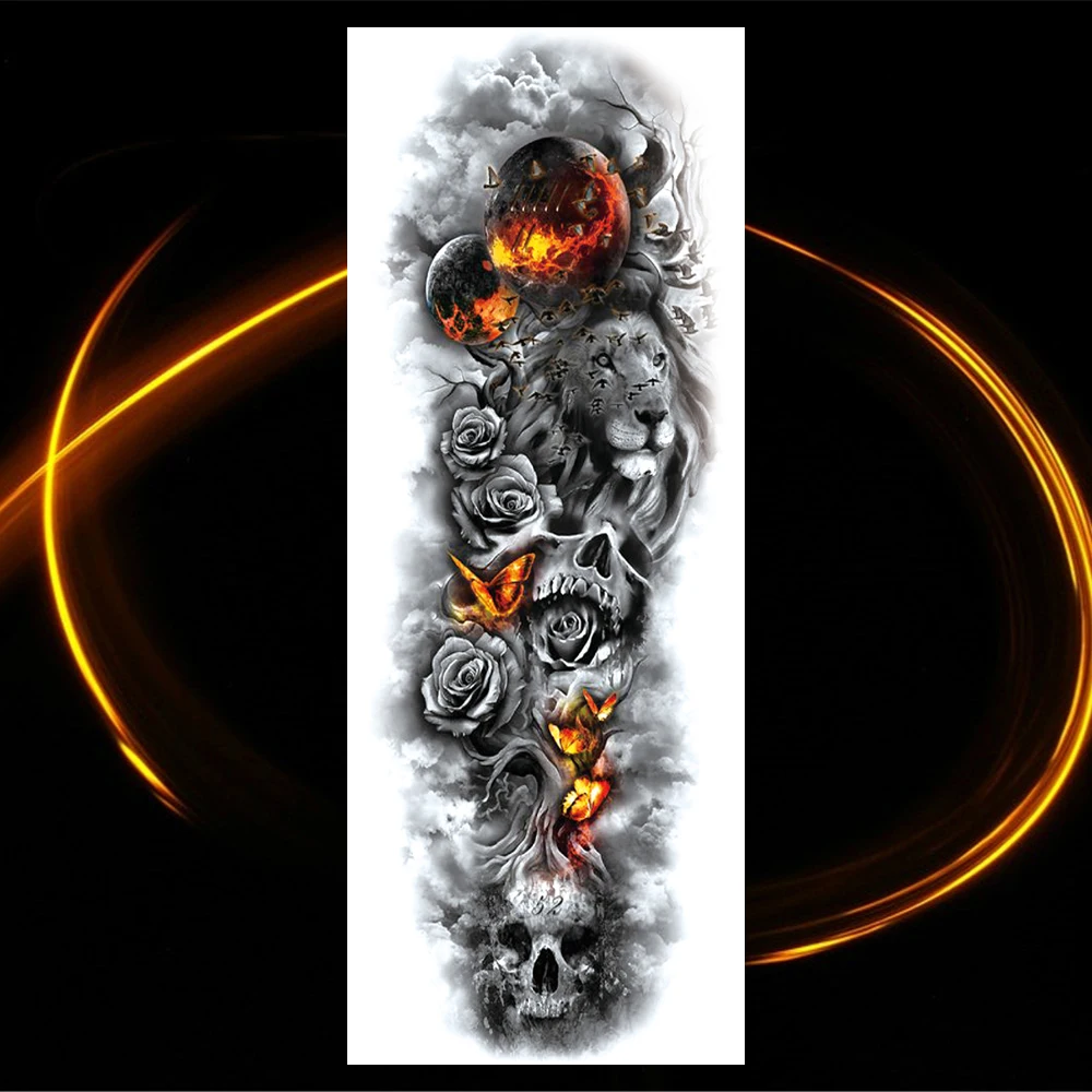 A black and white image of an Ares Warrior Temporary Tattoo with a skull and flames.