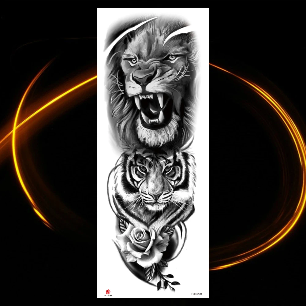 A black and white temporary tattoo of a lion and a tiger.