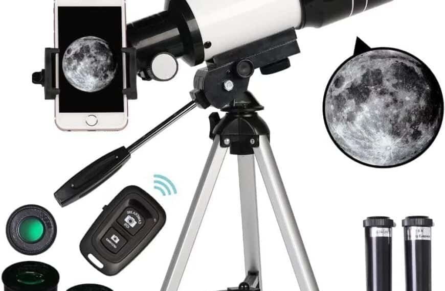 A telescope with a remote control for automatic adjustments.