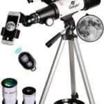A telescope perfect for beginners, equipped with a tripod and other essential accessories for observing stars in the night sky.