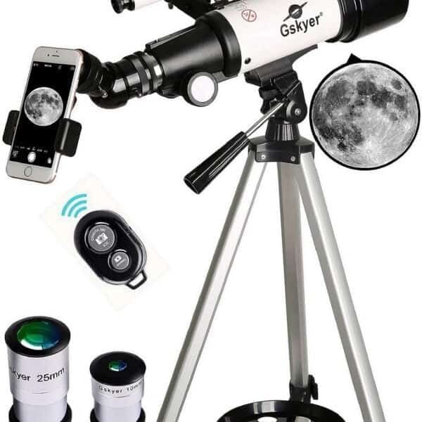 A telescope perfect for beginners, equipped with a tripod and other essential accessories for observing stars in the night sky.