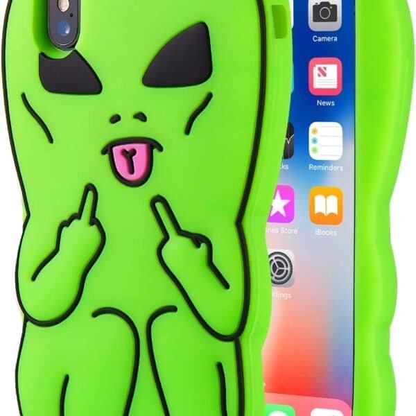 A green silicone protective cover with a cute alien on it for iPhone XR.