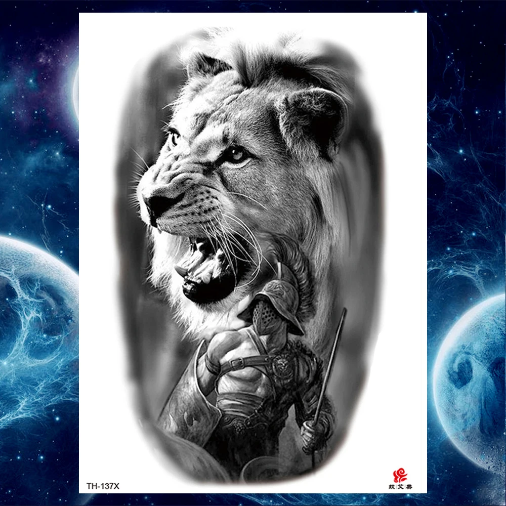 An image of a lion with a sword, designed as a cool temporary tattoo.