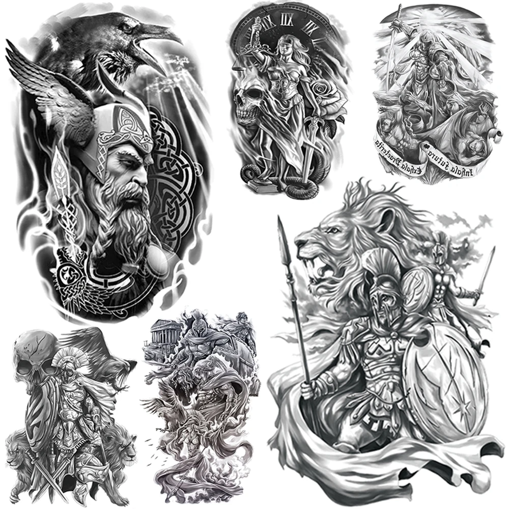 A set of cool black and white temporary tattoos with Vikings, eagles, and Spartan warriors.