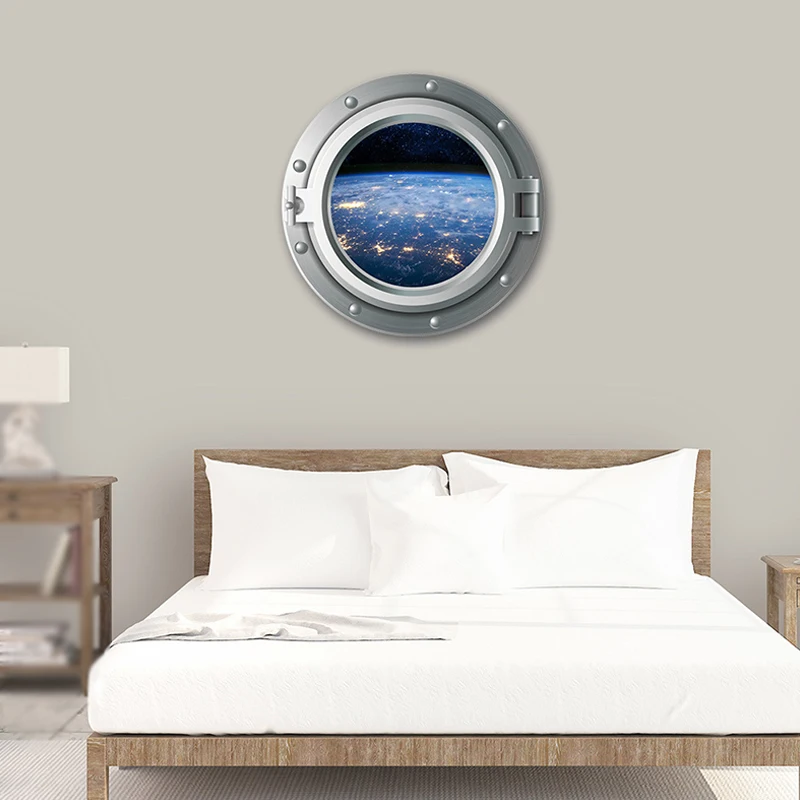 A bedroom with a view of the earth through a window, adorned with a cool Spartan warrior tattoo on the wall.