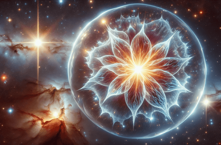 An artistic representation of a cosmic phenomenon with a radiant star at the center encircled by intricate energy patterns.