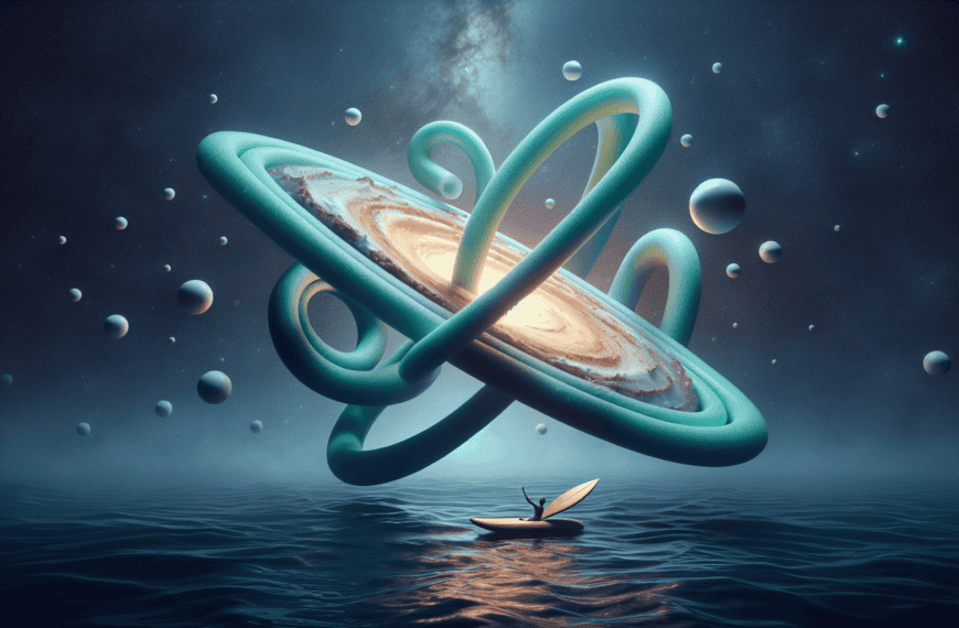 Surreal depiction of a lone sailboat on water with a cosmic, ringed galaxy hovering above, set against a starry sky backdrop.